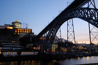 Illuminated bridge over river against sky in city