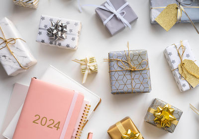 High angle view of christmas decorations on table