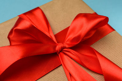 Knotted bow on gift and red silk ribbon, close up