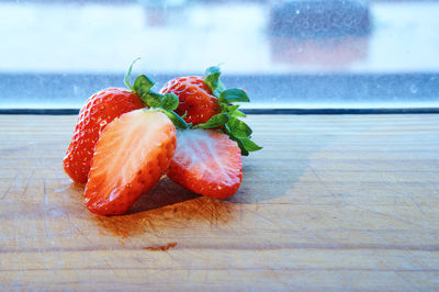 Close-up of strawberries on table