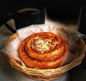 High angle view of bread in basket on table