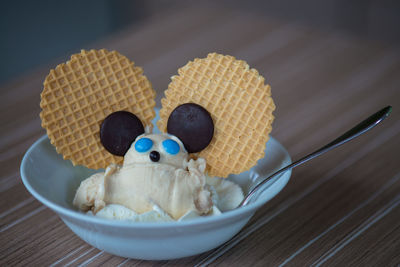 Close-up of dessert in animal shape served in bowl on table