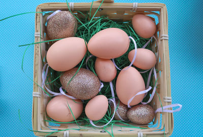 High angle view of eggs in nest