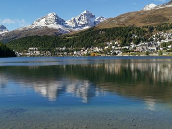 Scenic view of lake and snowcapped mountains against sky