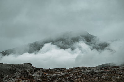 Smoke emitting from volcanic mountain against sky