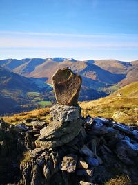 Scenic view of rocks on mountain against sky