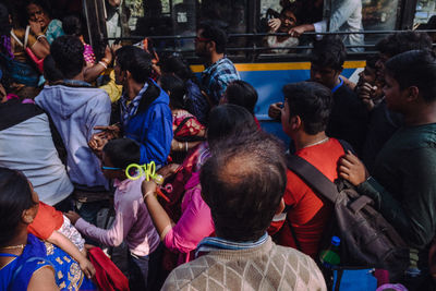 High angle view of people in city