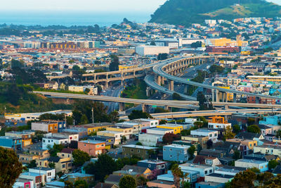 High angle view of illuminated buildings in city