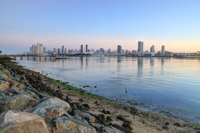 Panoramic view of bay and buildings against clear sky