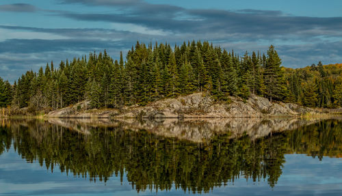 Scenic view of lake by trees against sky