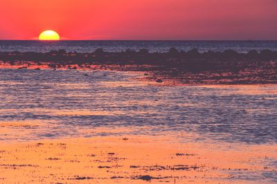 Scenic view of sea against orange sky