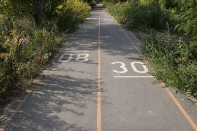 High angle view of numbers on road