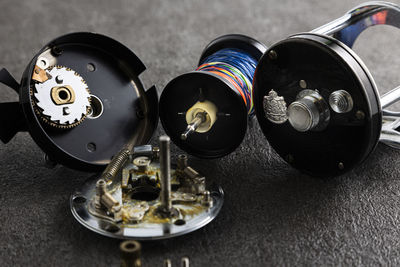 High angle view of dumbbells on table