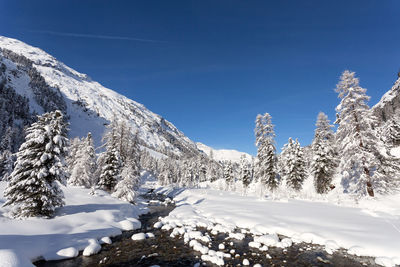 Snow covered mountains against blue sky