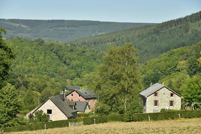 House amidst trees and buildings against sky