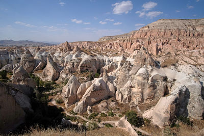 Panoramic view of rocky mountains against sky, goreme