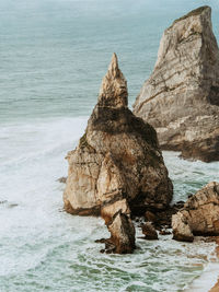 View from the observation deck of impressive sea cliffs rising from the ocean 