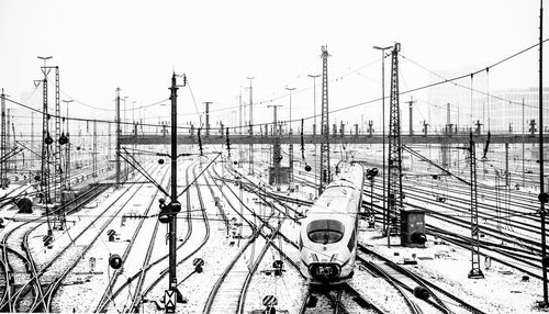 High angle view of railroad tracks against sky during winter