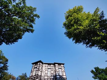 Low angle view of trees and old build against blue sky