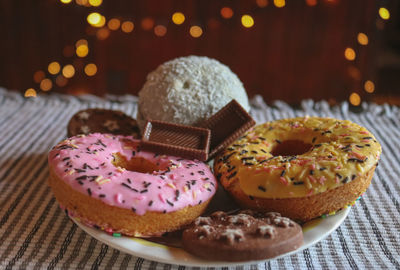 Close-up of donuts on table