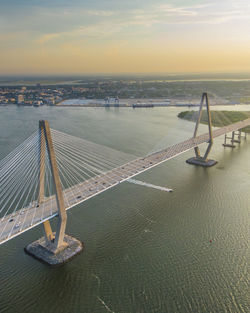 High angle view of ravenel bridge over river against sky