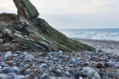 Rocks on beach against sky