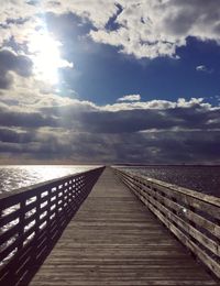 Footbridge over lake against sky