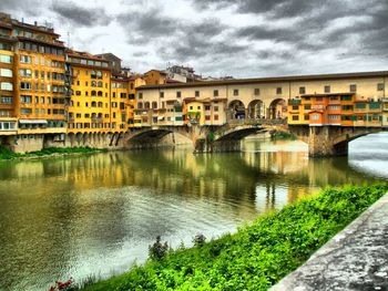 Bridge over river with buildings in background