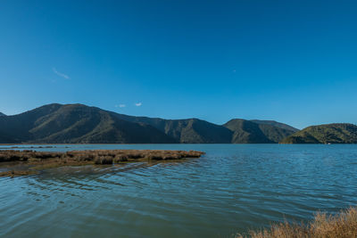 Scenic view of lake and mountains against clear blue sky