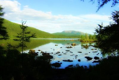 Scenic view of lake against cloudy sky