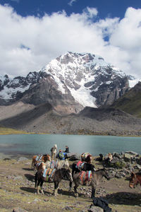 People on snowcapped mountains against sky