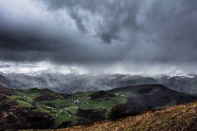 Scenic view of mountains against cloudy sky