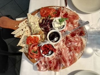 High angle view of food served on table