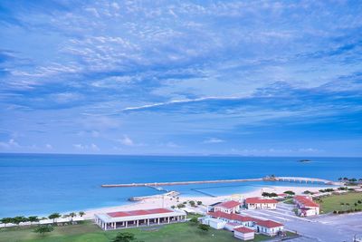 High angle view of beach against blue sky