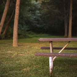 Empty bench on field in park