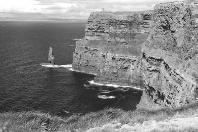 Rock formations by sea against sky