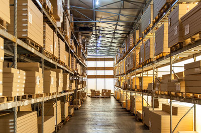 Close-up of boxes stacked in factory