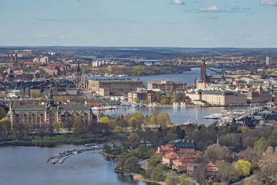 High angle view of cityscape and river