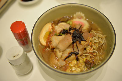 High angle view of soup in bowl