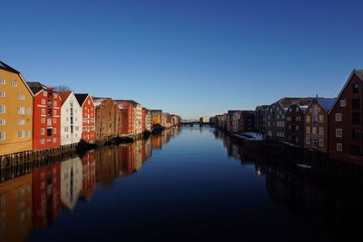 Canal amidst residential buildings against clear blue sky