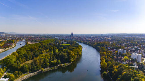 High angle view of cityscape against sky