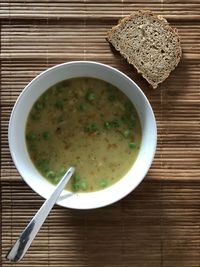 High angle view of soup in bowl on table