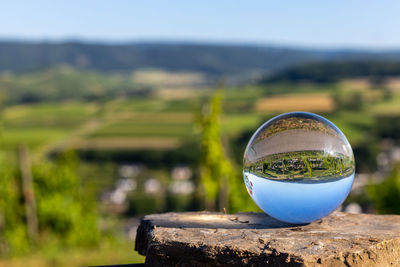 Close-up of glass on field against sky