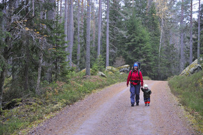 Mother with child walking through forest, tiveden, sweden