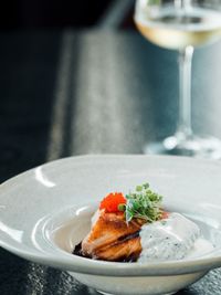 Close-up of food in plate on table