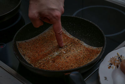 High angle view of person preparing food