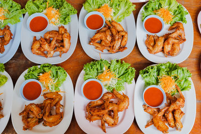 High angle view of meal served on table