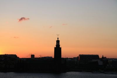 Buildings in city at sunset