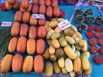 High angle view of vegetables for sale at market stall