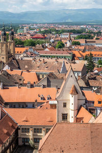 High angle view of buildings in town